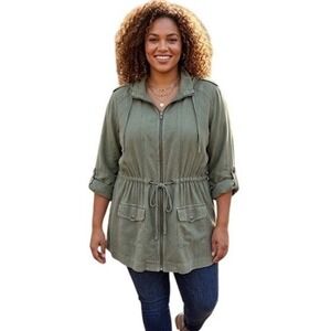 Torrid‎ Womens Plus Size 3 Olive Green Cotton Utility Anorak Hooded Jacket
